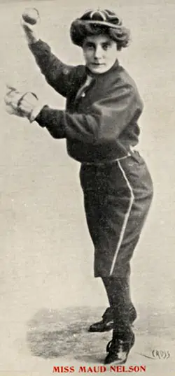 Female baseball teams star Maud Nelson pitches in 1898.