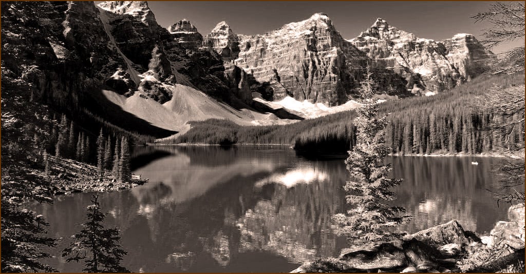 Canada's Moraine Lake at the Valley of Ten Peaks, a popular mountaineering site.