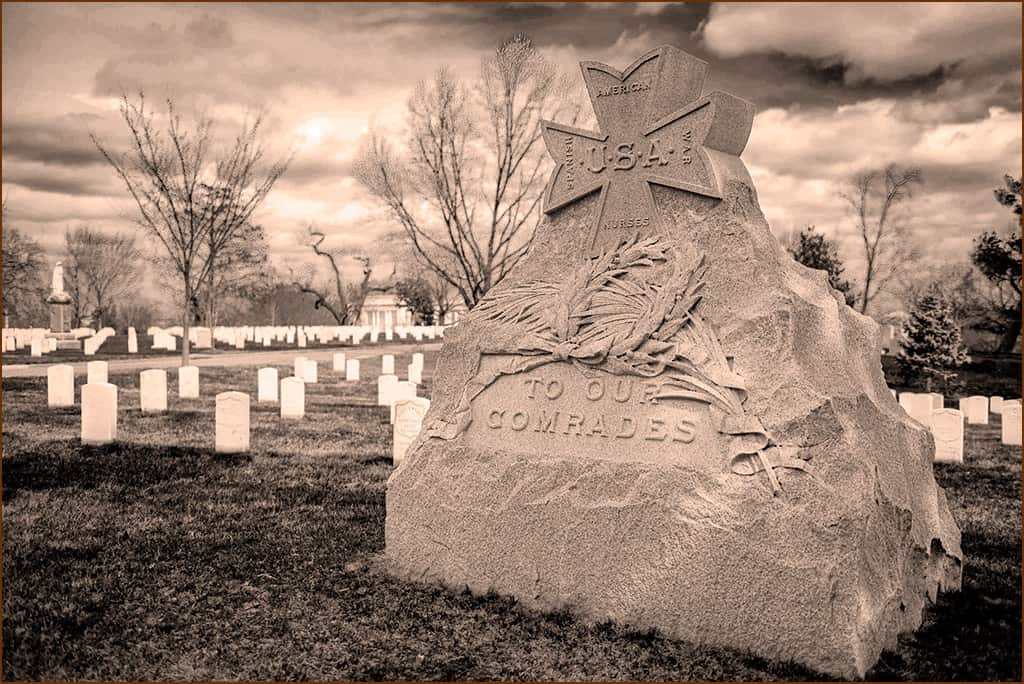 The granite monument to nurses of the Spanish-American War in Arlington National Cemetery