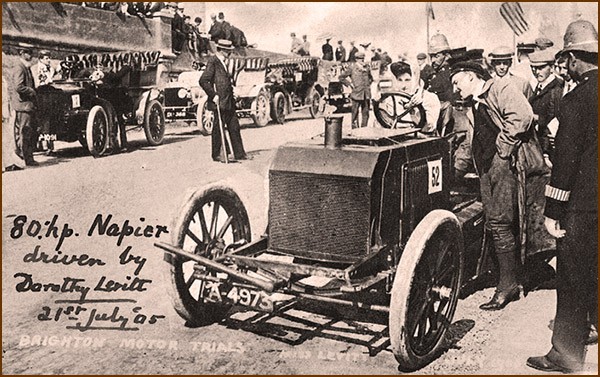 Race care driver Dorothy Levitt greets her fans at the Brighton Motor Trials in 1905.