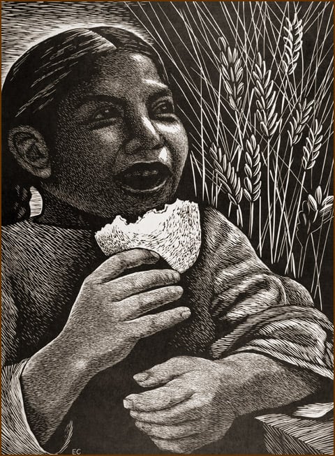 print of Mexican child with bread