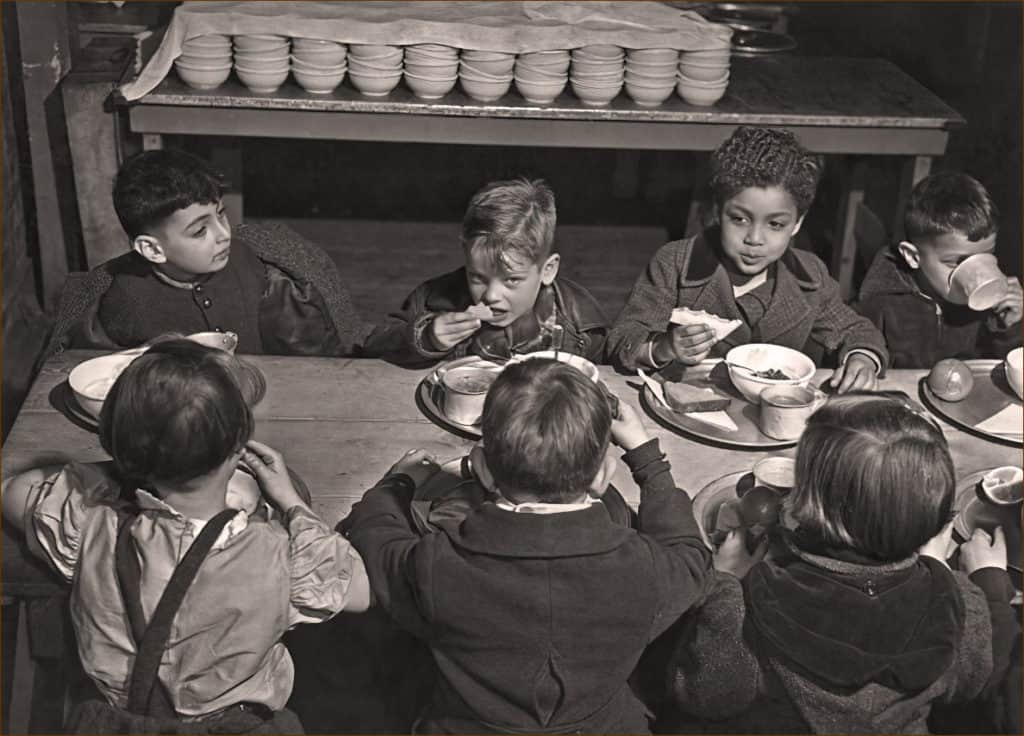 Children eating a National School Lunch Program lunch in 1947