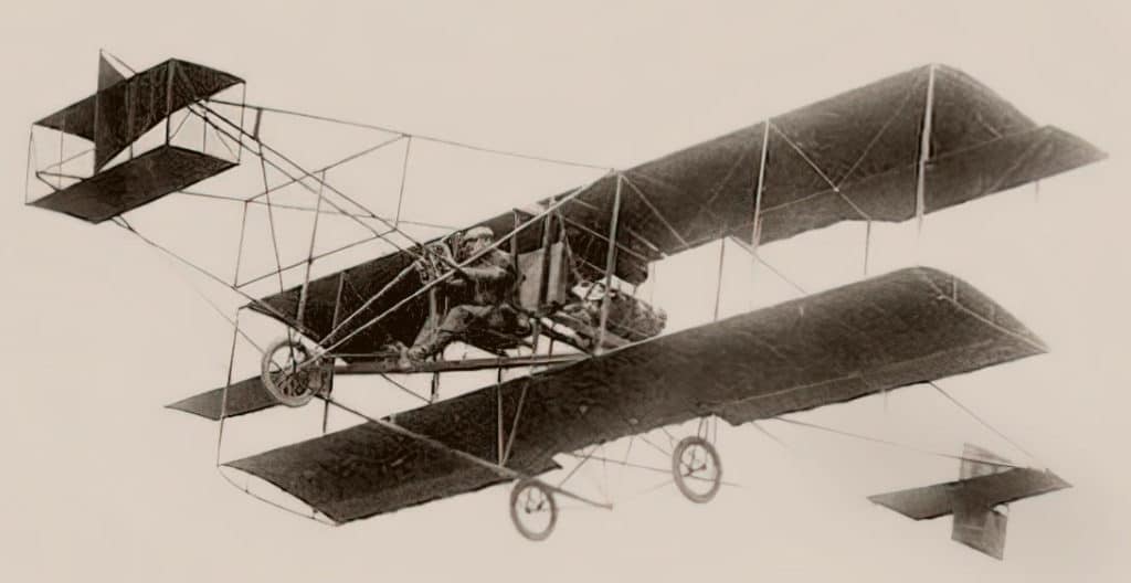 A Curtiss Pusher aircraft in flight