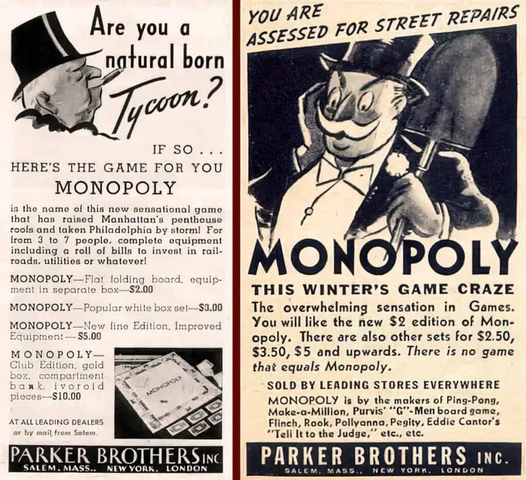 Advertisements from Parker Brothers Monopoly game