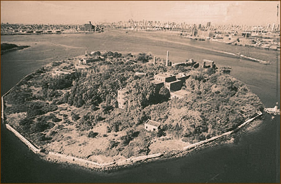 Aerial view of North Brother Island in the East River of New York.