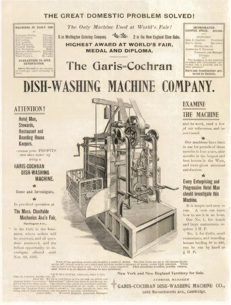 Advertisement for the Garis-Cochran dish washing machines at the World's Fair of 1893