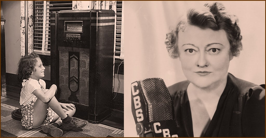 Nila Mack at a CBS Radio microphone and a picture of a little girl listening to the radio in 1940